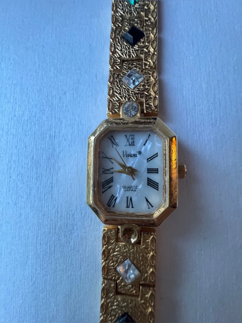 Vintage Vivani Women’s Watch Quartz Gold Tone Links With Multicolor Stone Insets